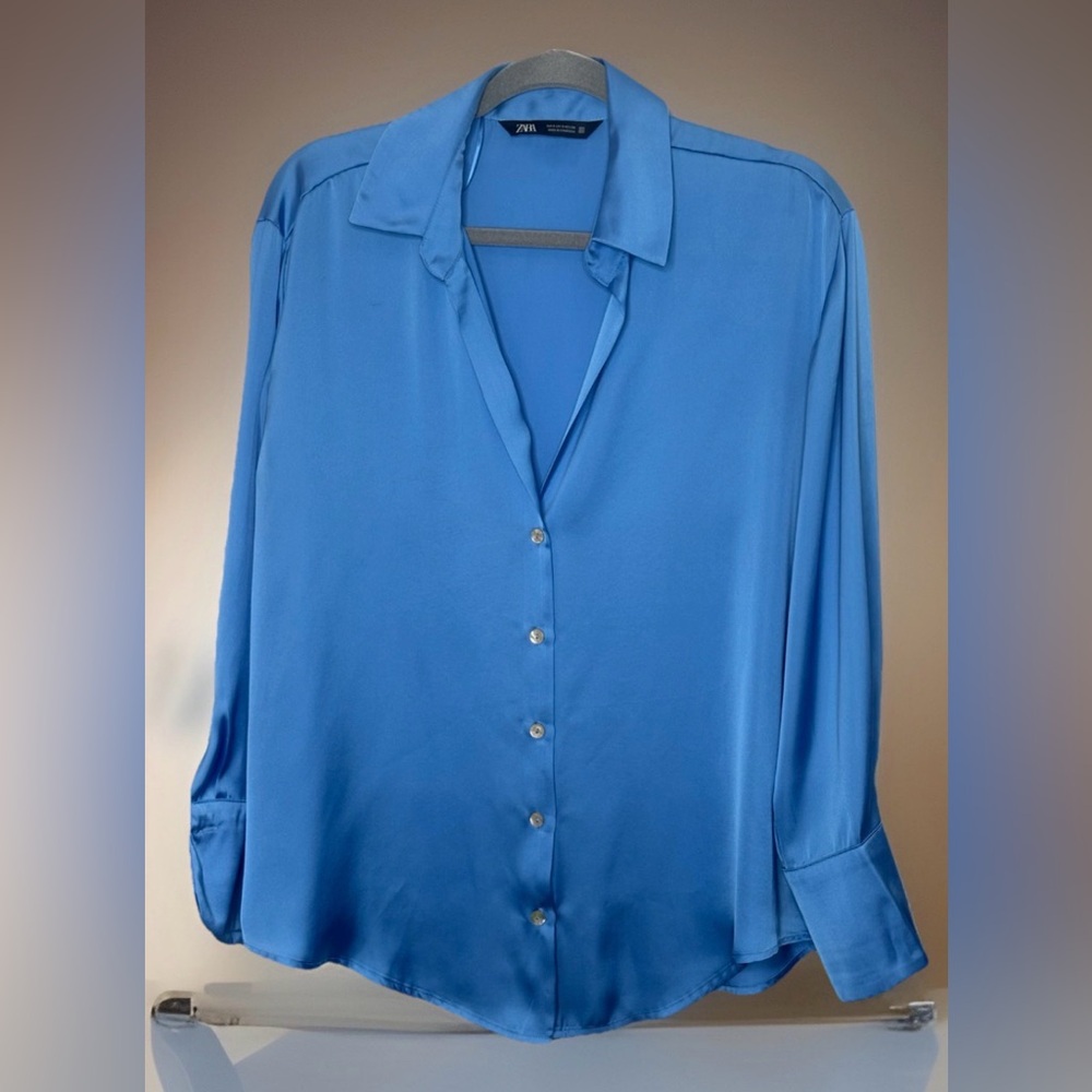 Zara Satin Button-Down Shirt in Bright Blue